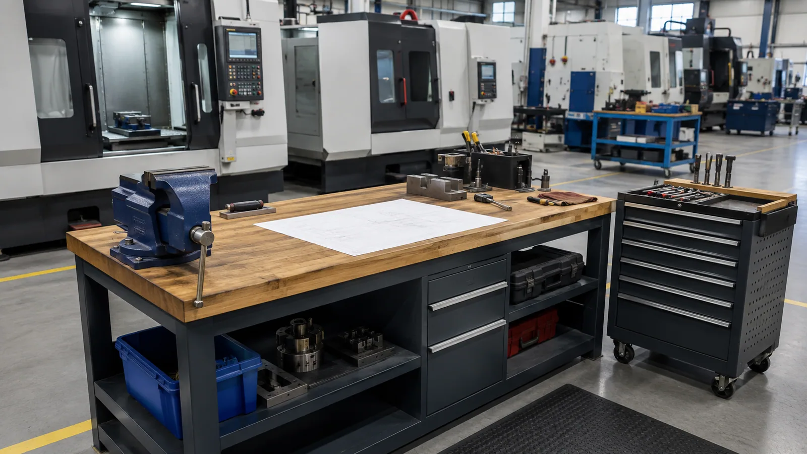 Poste de préparation en atelier : établi bois avec étau, plan posé à plat, servante à tiroirs, machines au second plan.