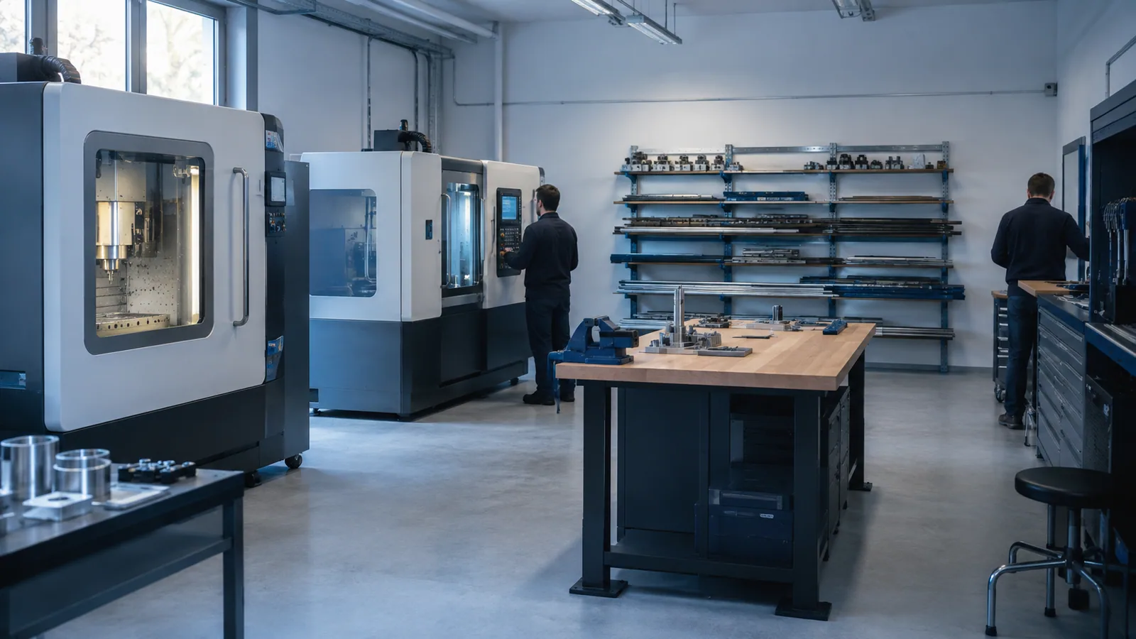 Petit atelier de mécanique : deux centres d'usinage, un rack à barres, deux opérateurs de dos au poste de préparation.