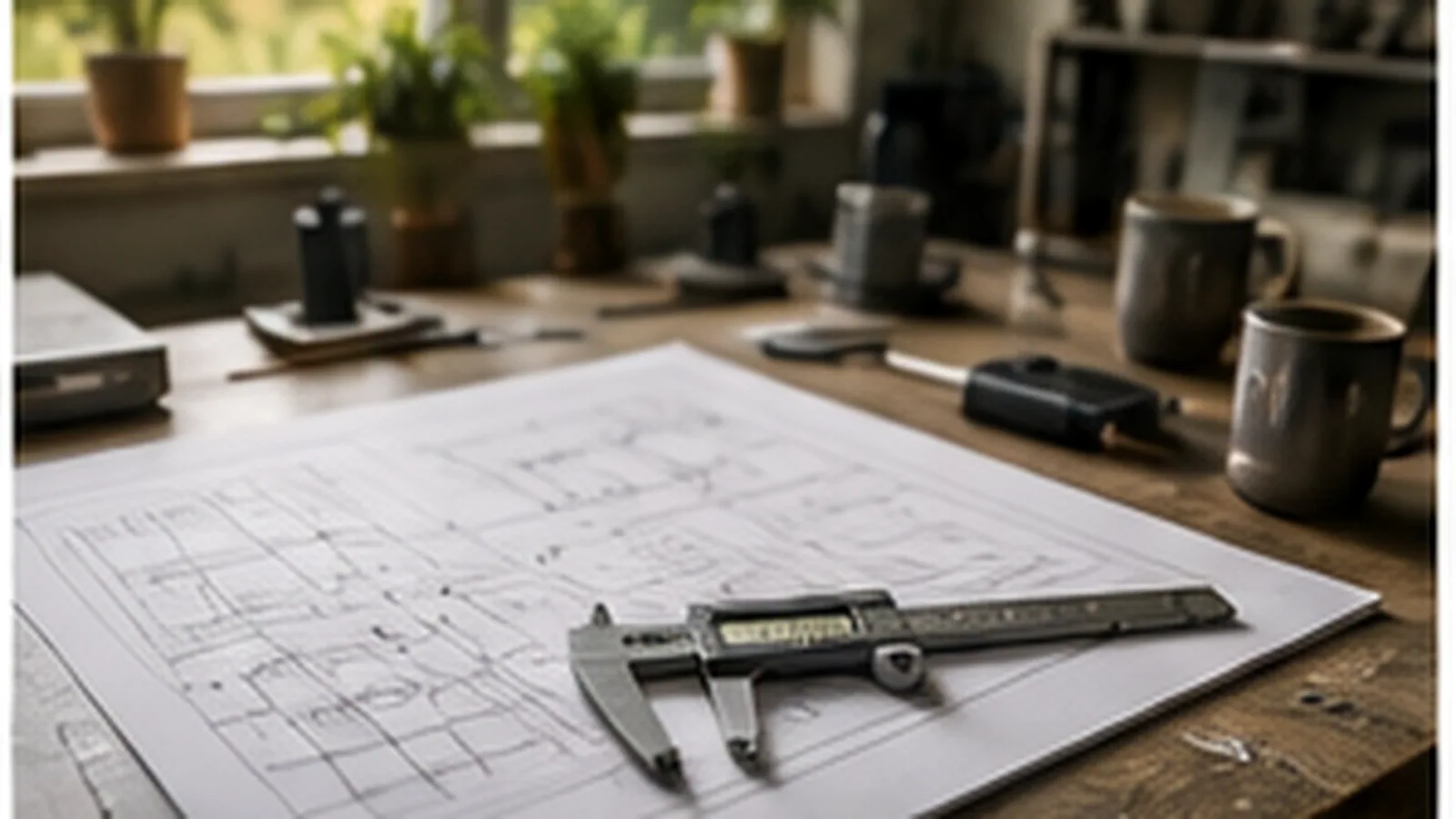 Plan technique déplié sur un bureau d'atelier avec un pied à coulisse numérique posé dessus.