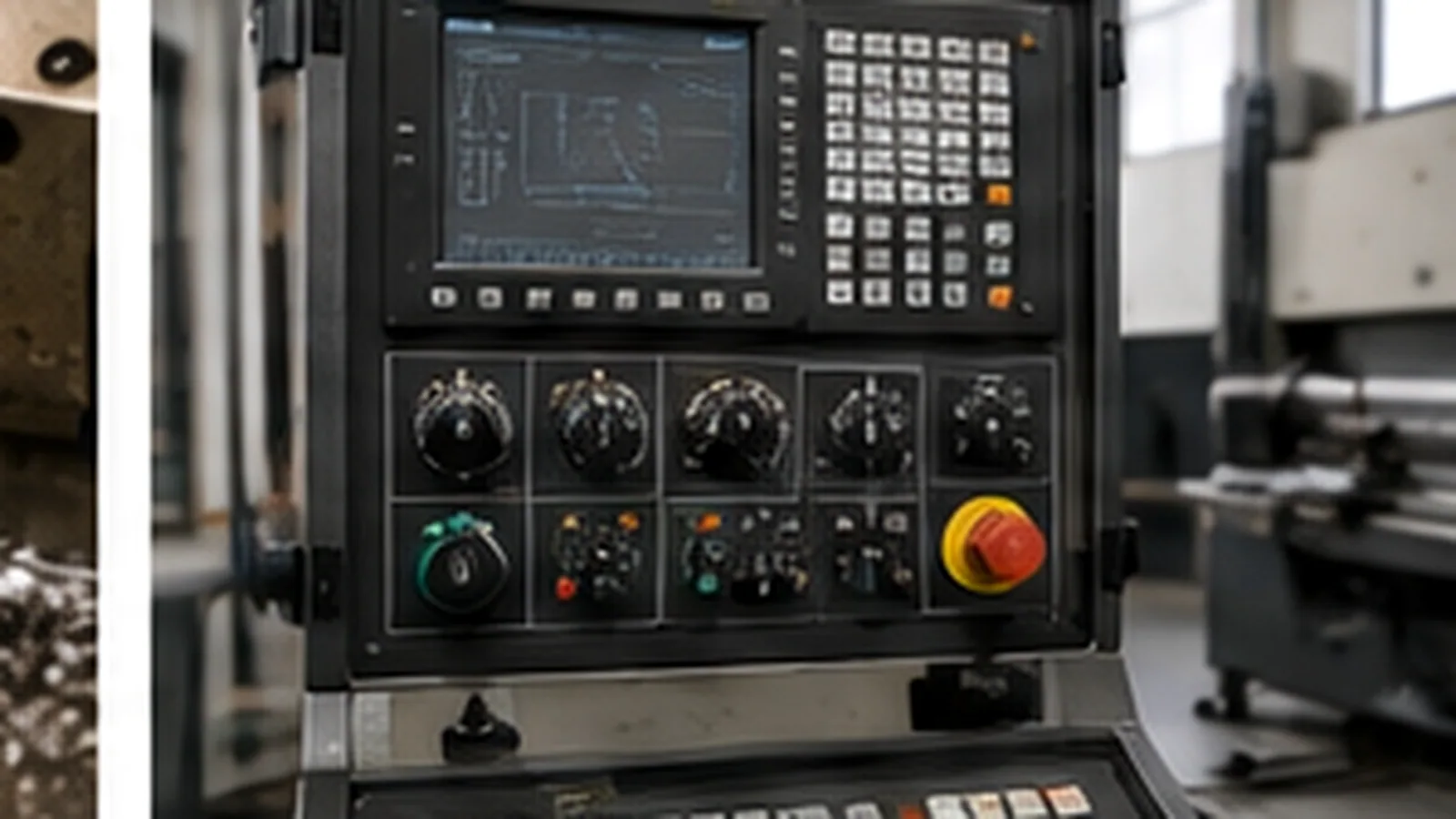 Pupitre de commande numérique d'une machine-outil : écran, clavier de programmation, boutons rotatifs et arrêt d'urgence.