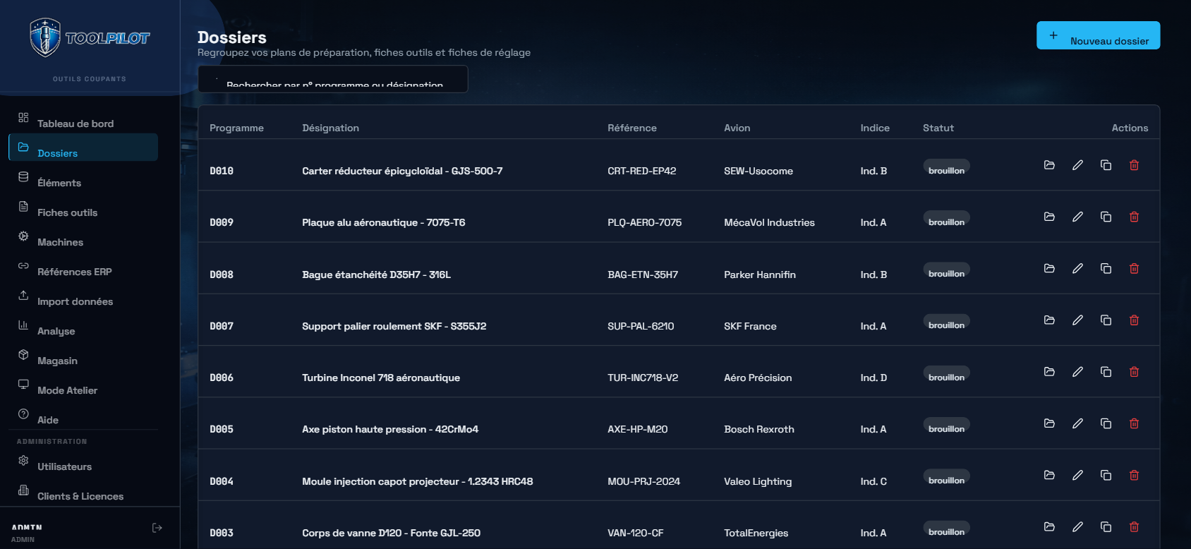 Liste des dossiers de fabrication ToolPilot pour clients aéronautiques