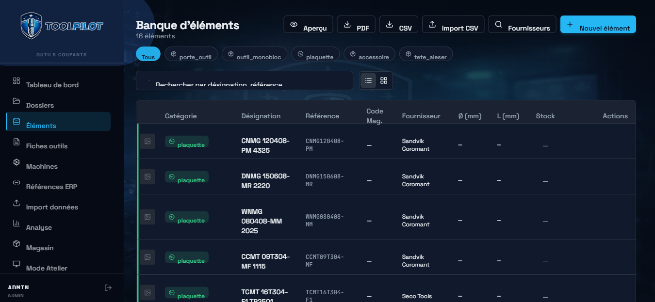 Interface ToolPilot montrant la base de données des outils coupants avec 16 références de plaquettes carbure et porte-outils