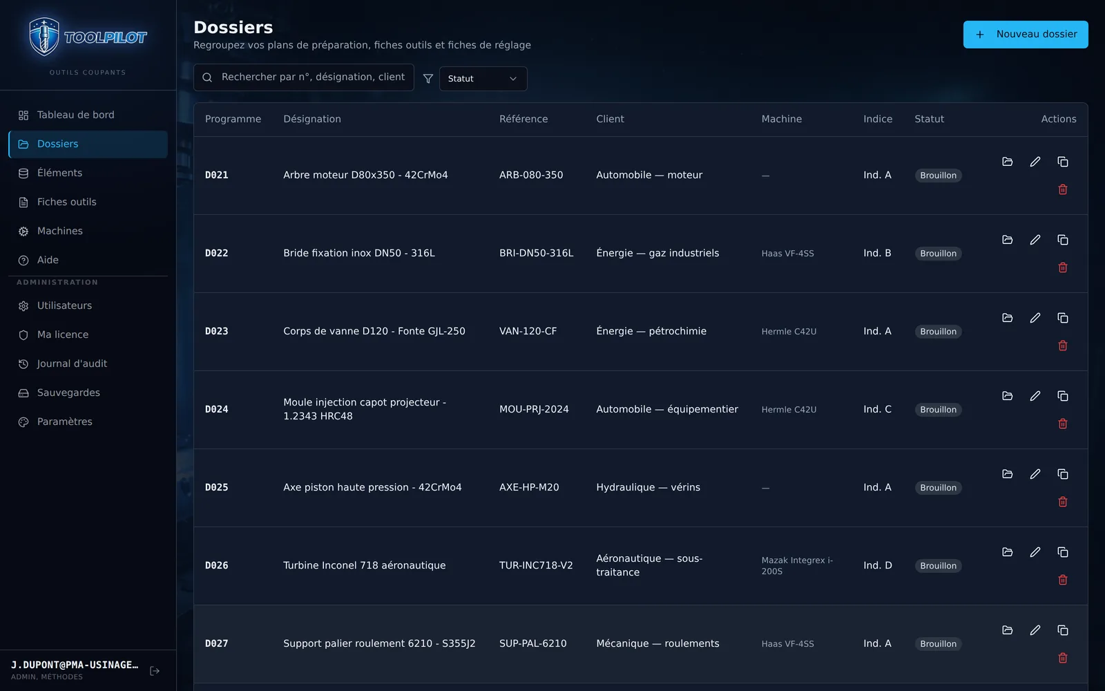 Liste des dossiers de fabrication ToolPilot avec programme, désignation, référence pièce, machine, indice et statut