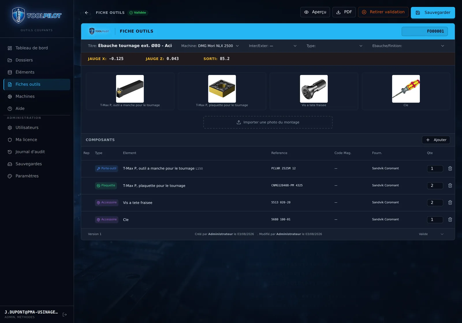 Fiche de réglage ToolPilot FO000001 : jauges X et Z, longueur de sortie, composants avec photos et références