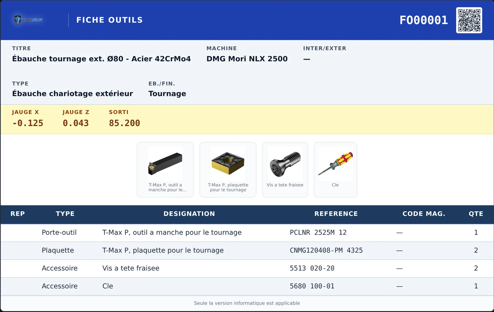 Fiche de réglage FO000001 exportée en PDF : bandeau bleu avec référence et QR code, jauges X -0.125, Z 0.043 et sortie 85.200 surlignées en jaune, photos des quatre composants, tableau des références Sandvik