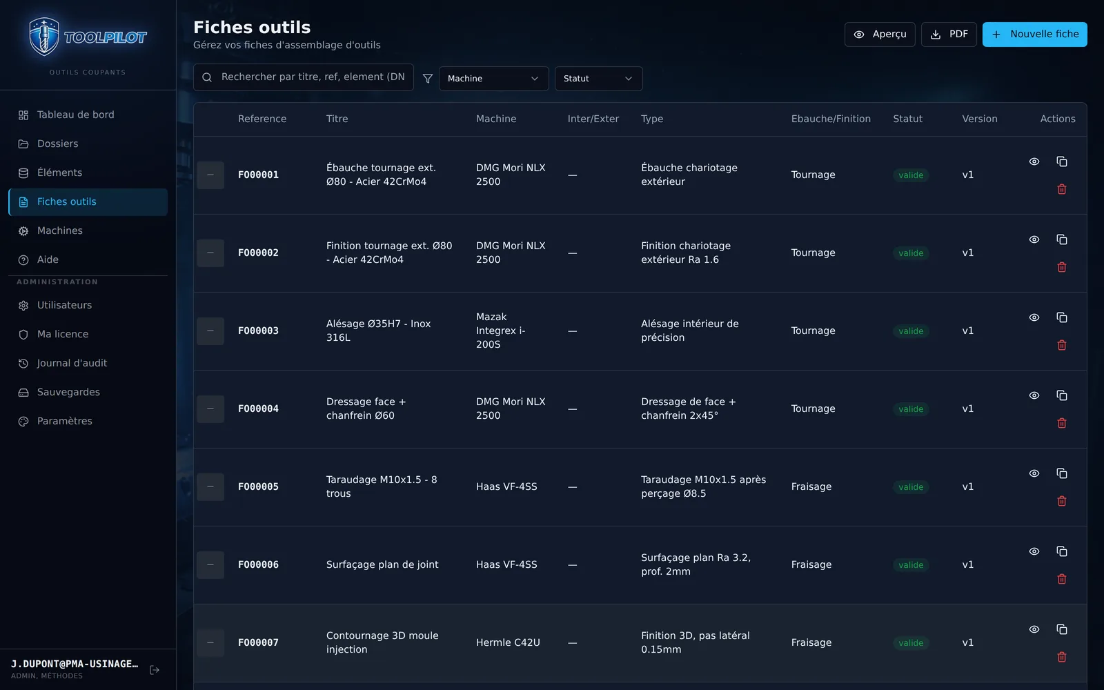 Liste des fiches de réglage ToolPilot avec numéro, titre, machine et statut